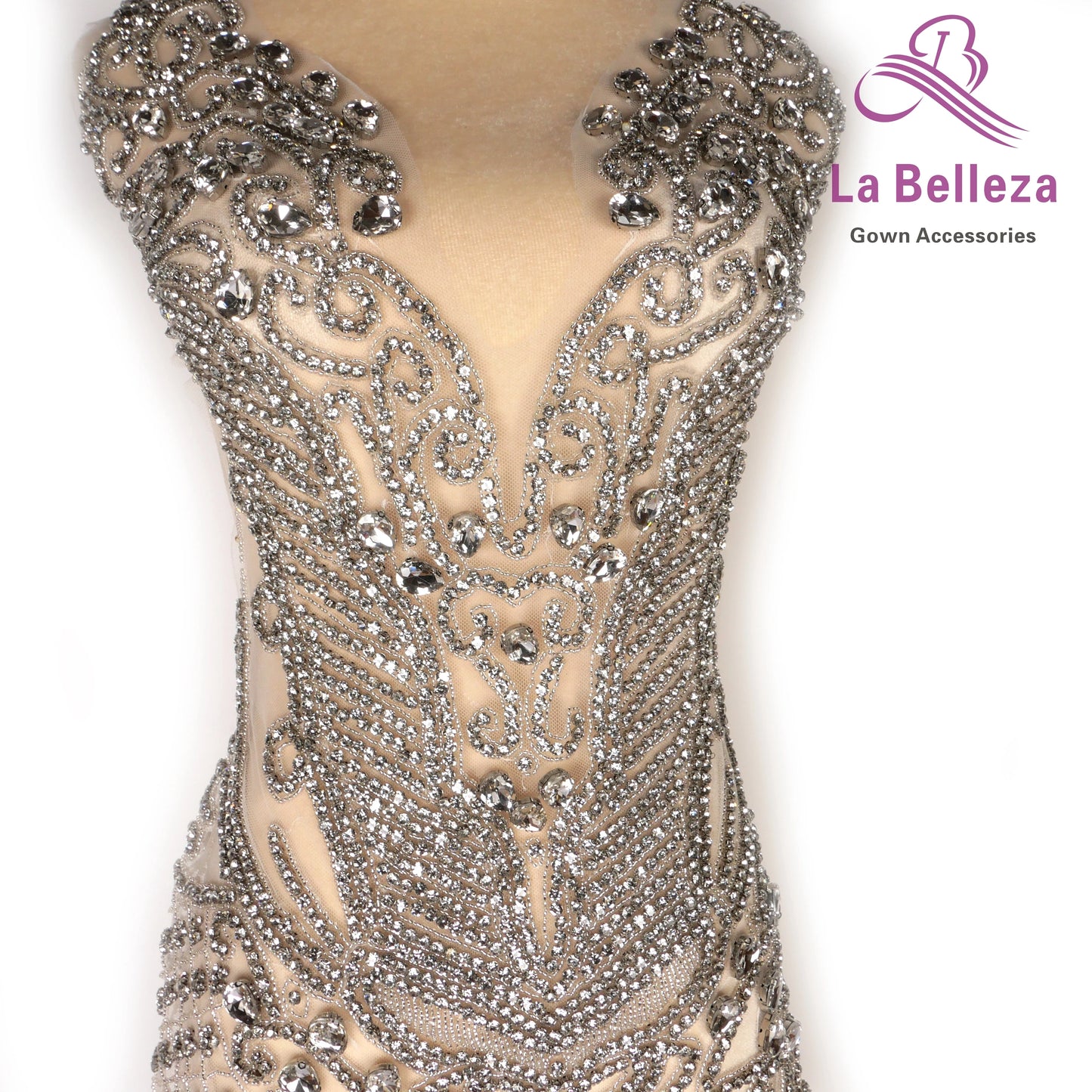 La Belleza New Pink rose gold silver AB luxury bodice crystal Rhinestone appliques 75X42CM