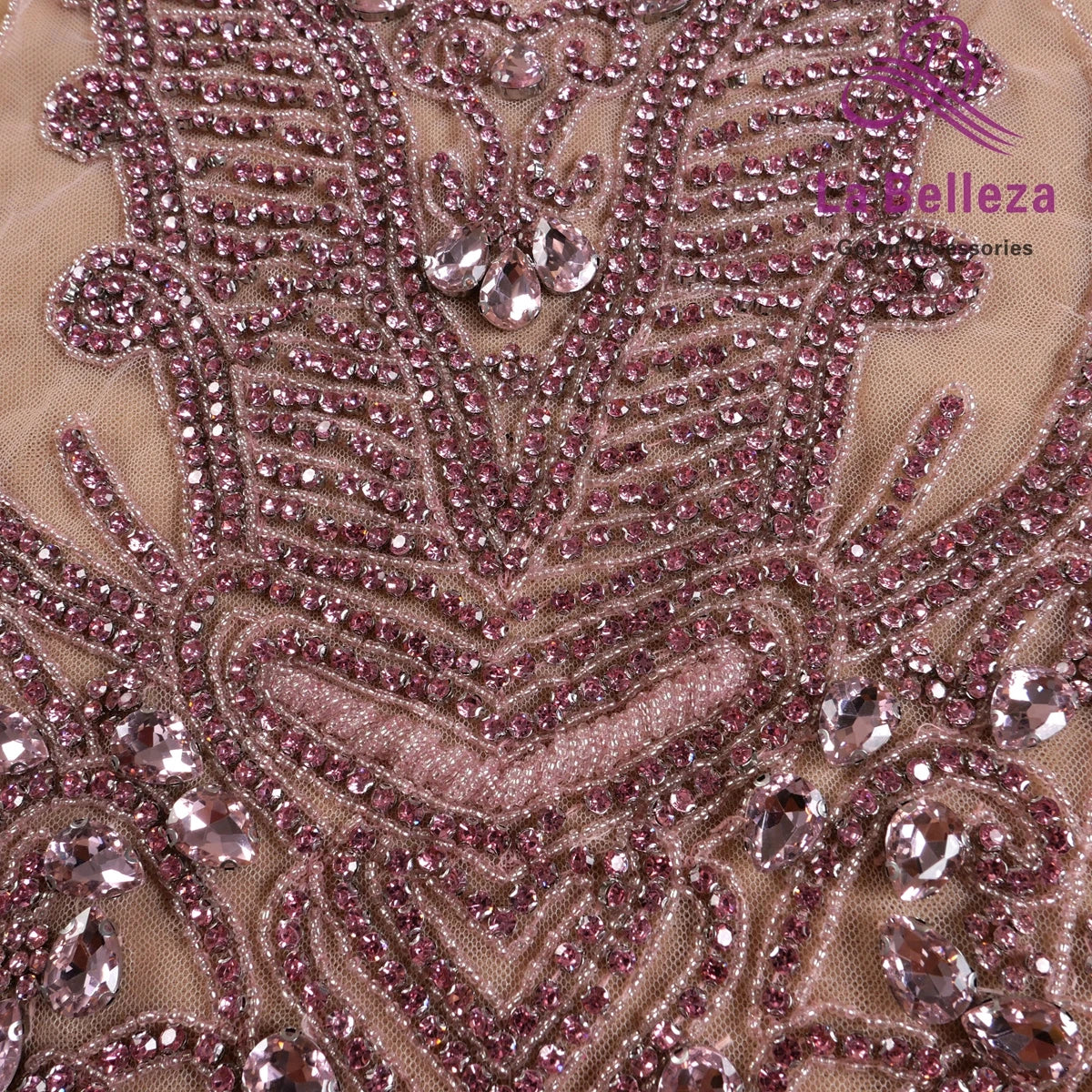 La Belleza New Pink rose gold silver AB luxury bodice crystal Rhinestone appliques 75X42CM