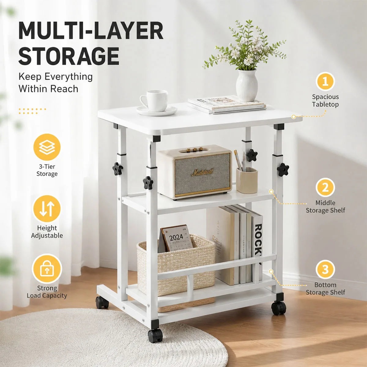 Adjustable Height Side Table with Wheels 3-Tier Storage Rolling Laptop Cart Sofa Bedside Mobile End Table for Home Office