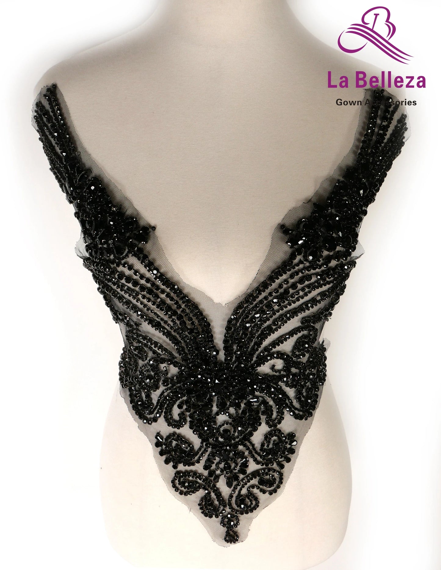 La Belleza beauty hand sewn on neck bodice applique, gold silver crystal rhinestone applique
