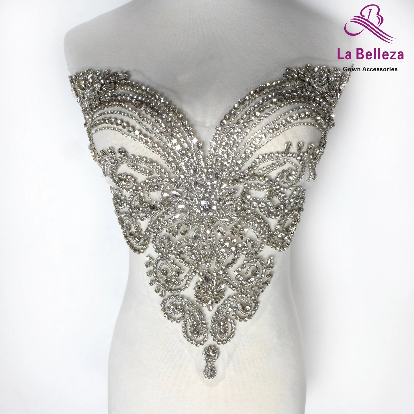 La Belleza beauty hand sewn on neck bodice applique, gold silver crystal rhinestone applique