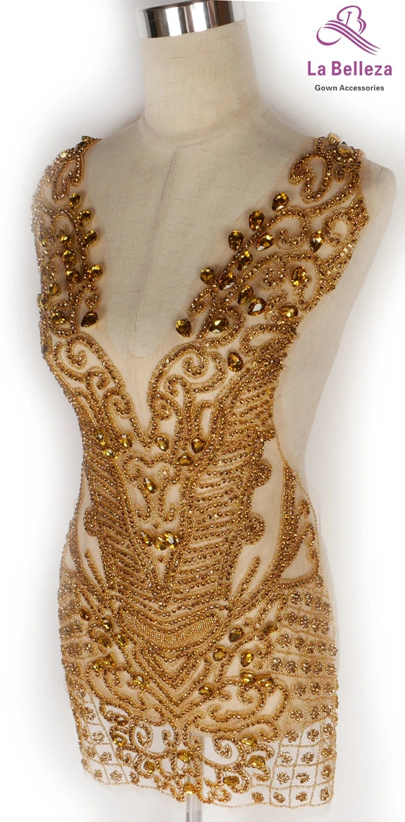 La Belleza New Pink rose gold silver AB luxury bodice crystal Rhinestone appliques 75X42CM