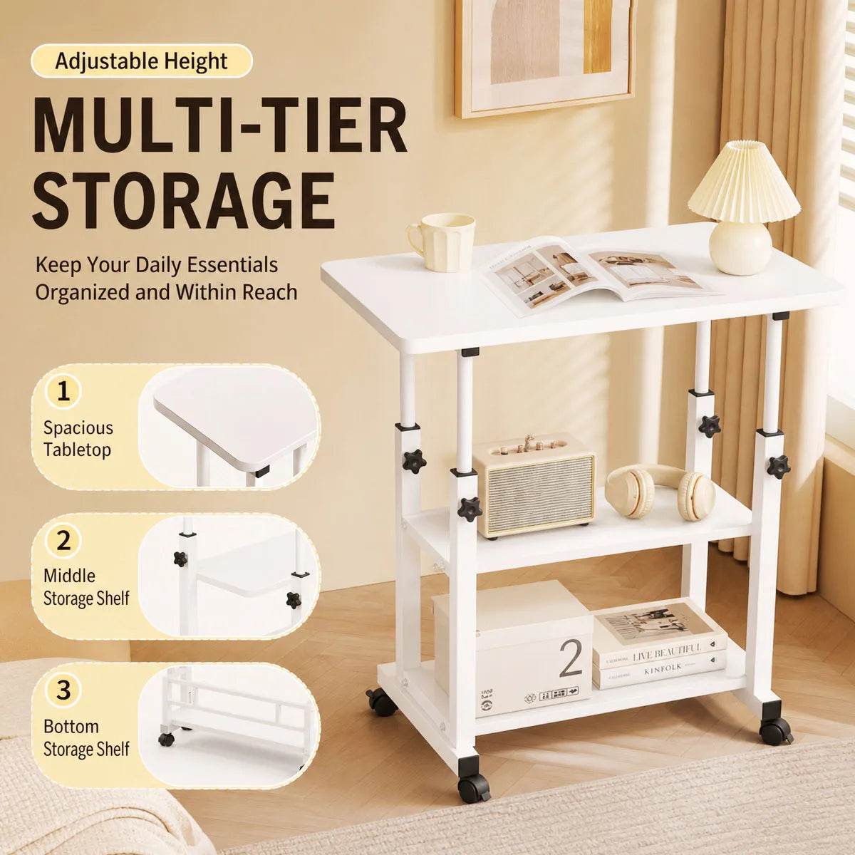 Adjustable Height Side Table with Wheels 3-Tier Storage Rolling Laptop Cart Sofa Bedside Mobile End Table for Home Office