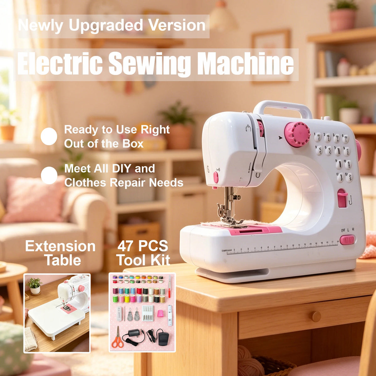 Portable Mini Electric Sewing Machine for Household Use, 47 PCS Complete Sewing Tool Kit with Widened Extension Table, 12 Built-in Stitch Patterns, Foot Pedal Control & Built-in LED Light,