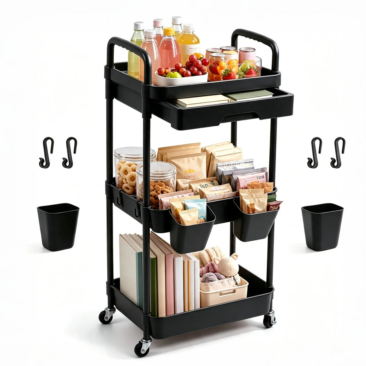3-Tier Rolling Storage Cart With Pull-out Drawer Lockable Wheels Detachable Hanging Cups Multifunctional Mobile Organizer Trolley for Kitchen Bathroom Living Room