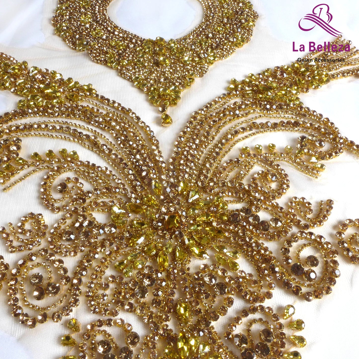 La Belleza beauty hand sewn on neck bodice applique, gold silver crystal rhinestone applique