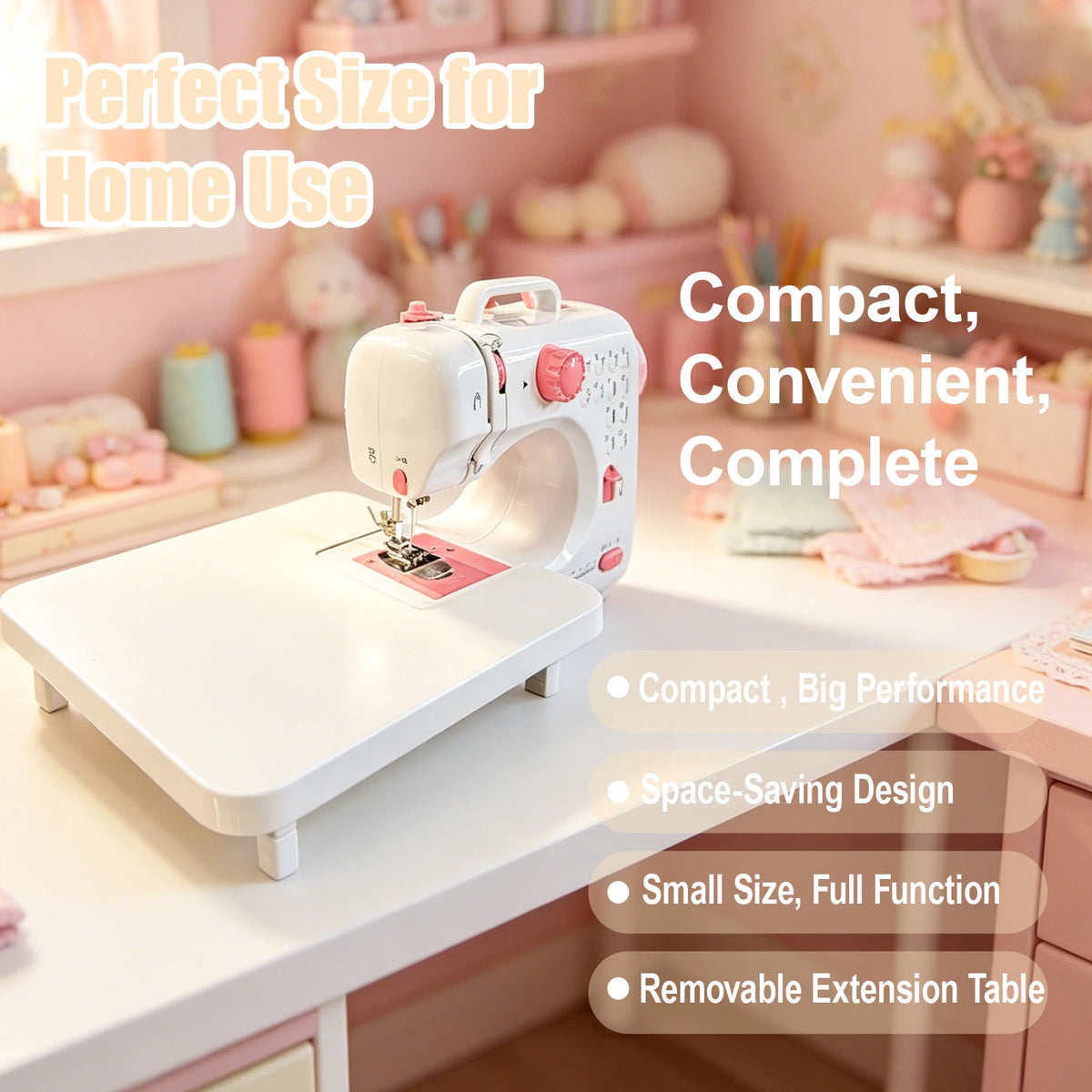 Portable Mini Electric Sewing Machine for Household Use, 47 PCS Complete Sewing Tool Kit with Widened Extension Table, 12 Built-in Stitch Patterns, Foot Pedal Control & Built-in LED Light,