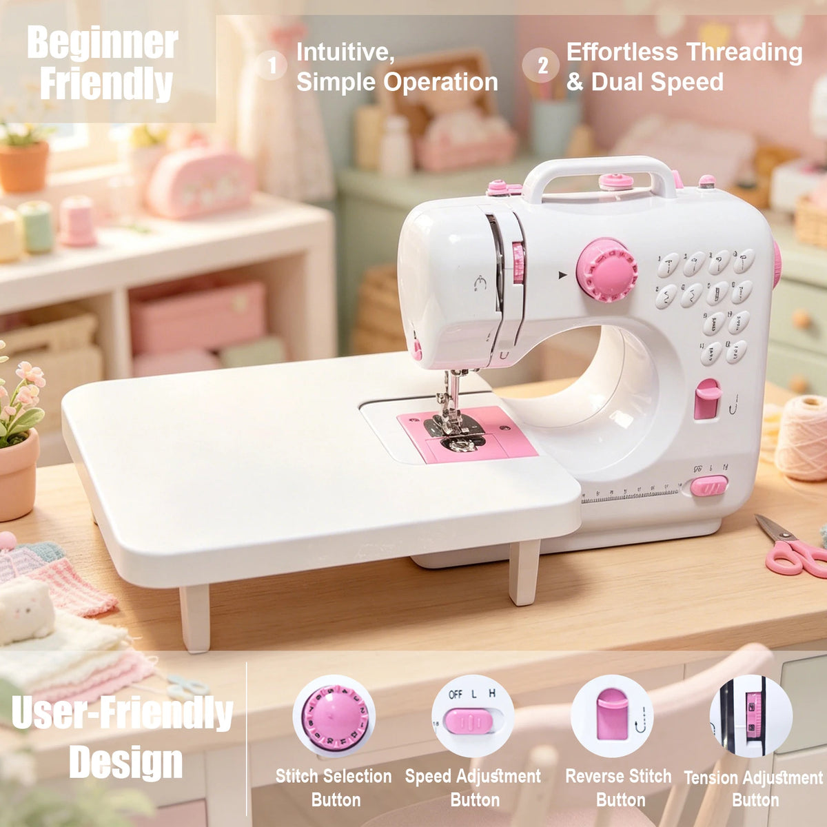 Portable Mini Electric Sewing Machine for Household Use, 47 PCS Complete Sewing Tool Kit with Widened Extension Table, 12 Built-in Stitch Patterns, Foot Pedal Control & Built-in LED Light,