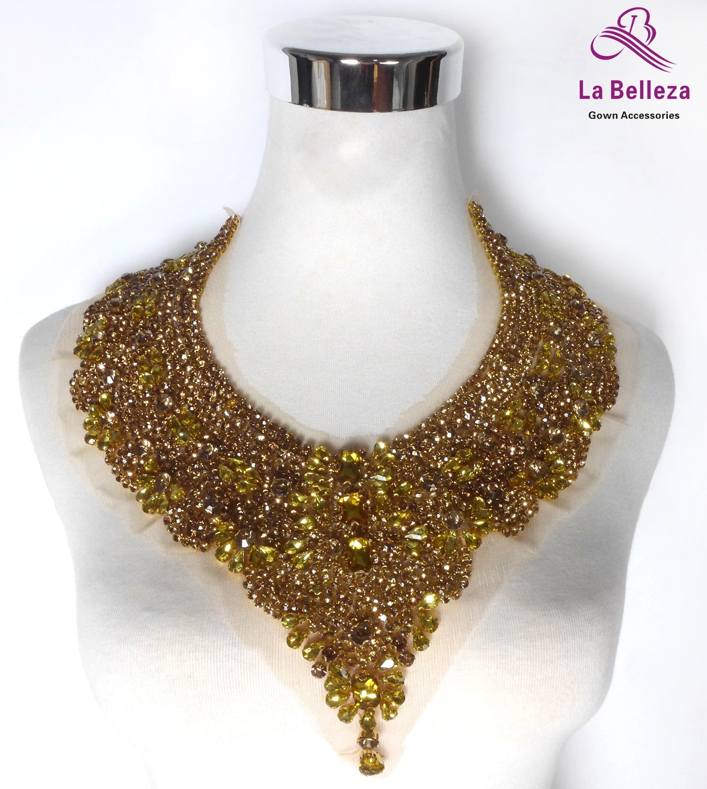 La Belleza beauty hand sewn on neck bodice applique, gold silver crystal rhinestone applique