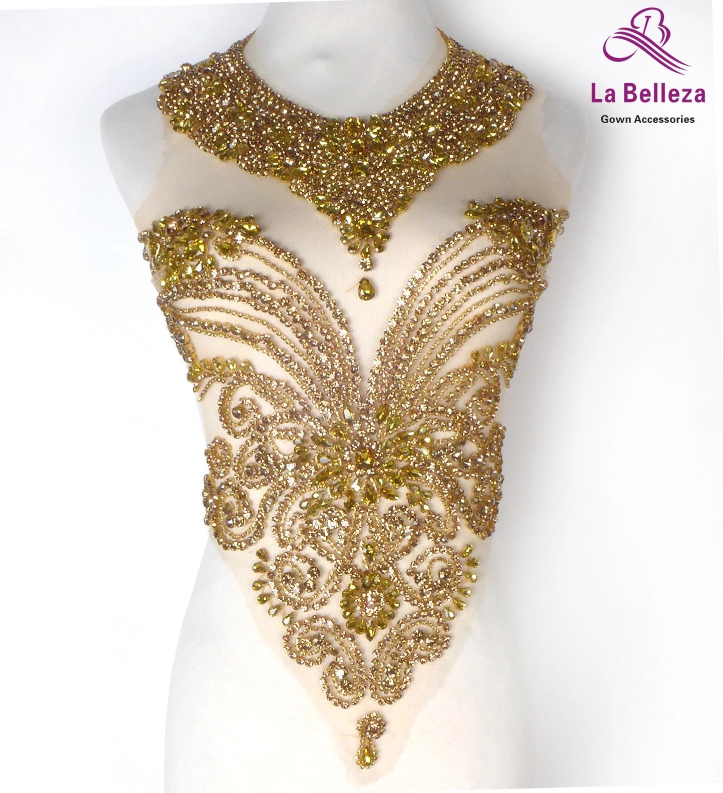 La Belleza beauty hand sewn on neck bodice applique, gold silver crystal rhinestone applique