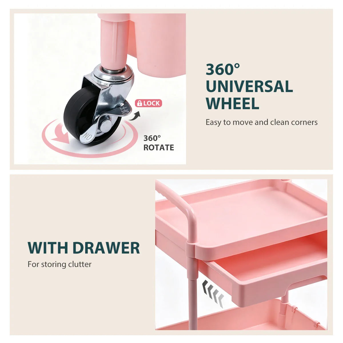 3-Tier Rolling Storage Cart with Pull-out Drawer, Lockable Wheels, Hanging Cups, Multifunctional Mobile Organizer Trolley for Kitchen Bathroom Living Room
