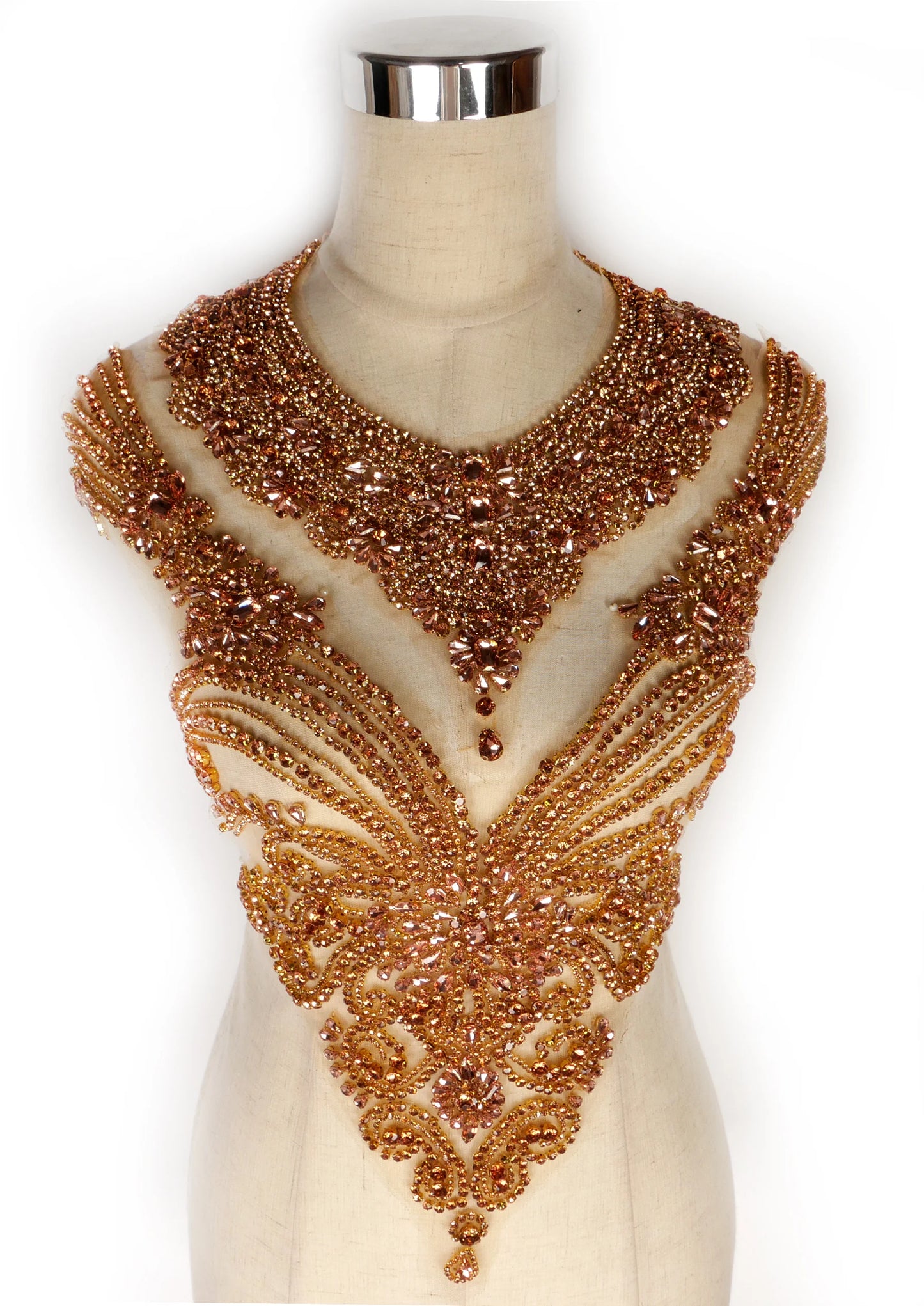 La Belleza beauty hand sewn on neck bodice applique, gold silver crystal rhinestone applique