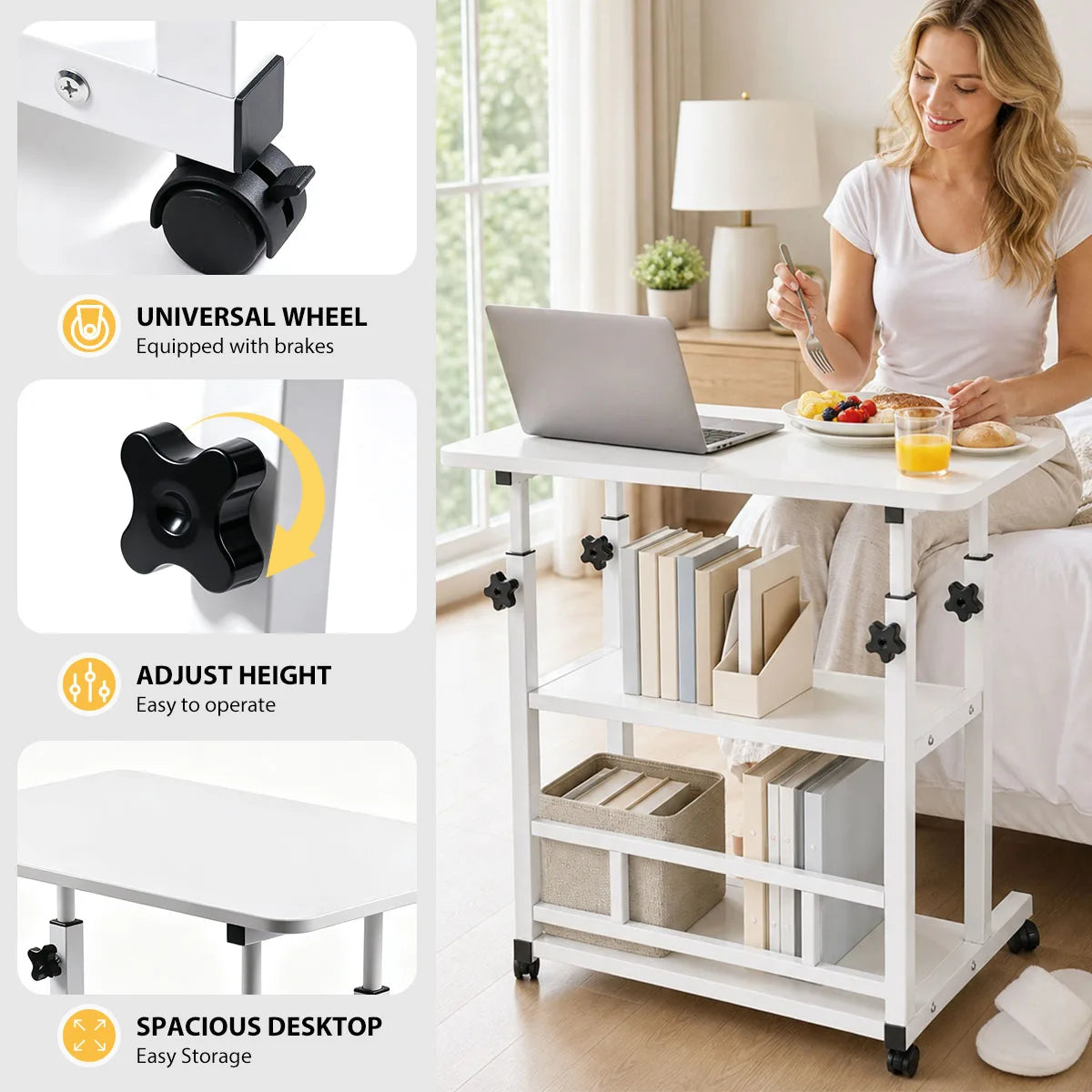 Adjustable Height Side Table with Wheels 3-Tier Storage Rolling Laptop Cart Sofa Bedside Mobile End Table for Home Office
