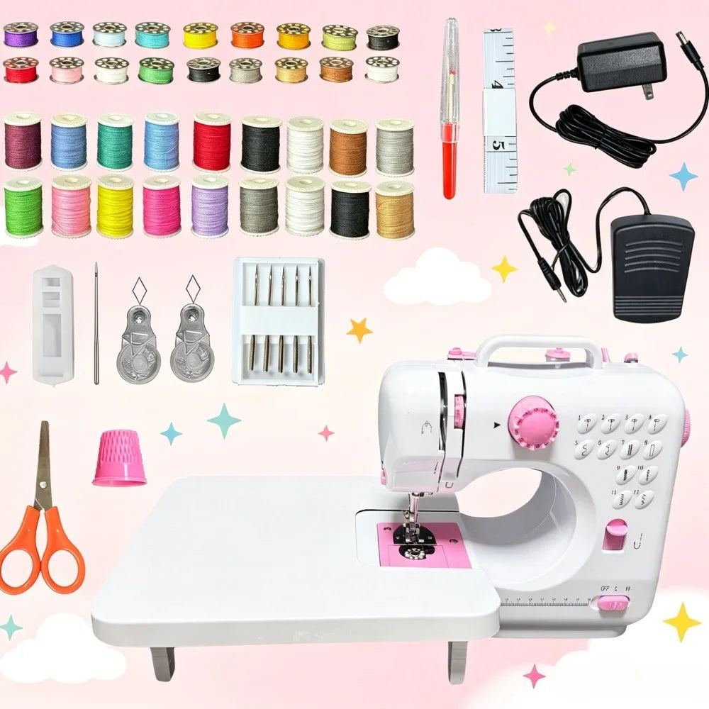 Portable Mini Electric Sewing Machine for Household Use, 47 PCS Complete Sewing Tool Kit with Widened Extension Table, 12 Built-in Stitch Patterns, Foot Pedal Control & Built-in LED Light,