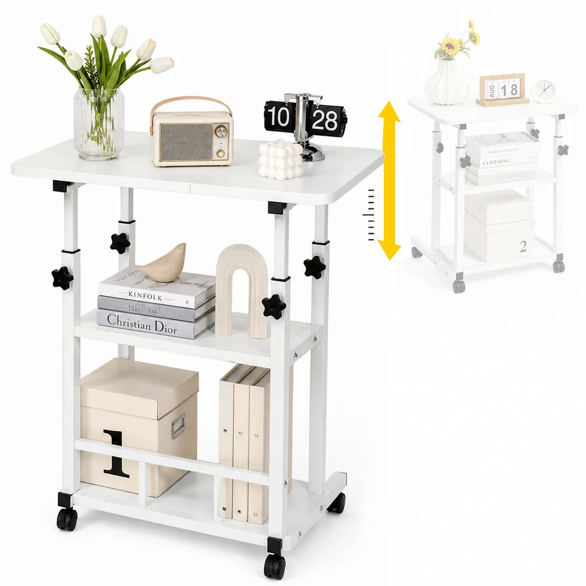Adjustable Height Side Table with Wheels 3-Tier Storage Rolling Laptop Cart Sofa Bedside Mobile End Table for Home Office