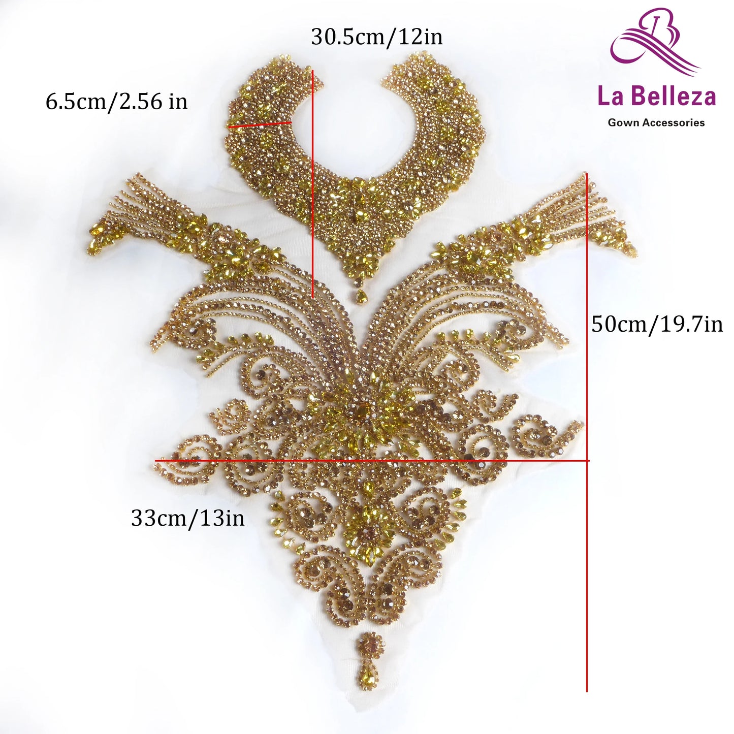 La Belleza beauty hand sewn on neck bodice applique, gold silver crystal rhinestone applique