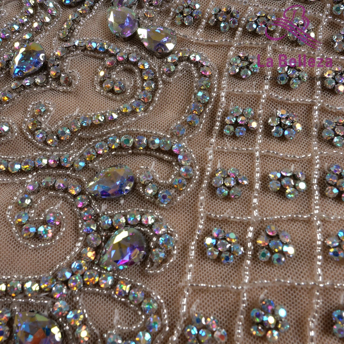 La Belleza New Pink rose gold silver AB luxury bodice crystal Rhinestone appliques 75X42CM