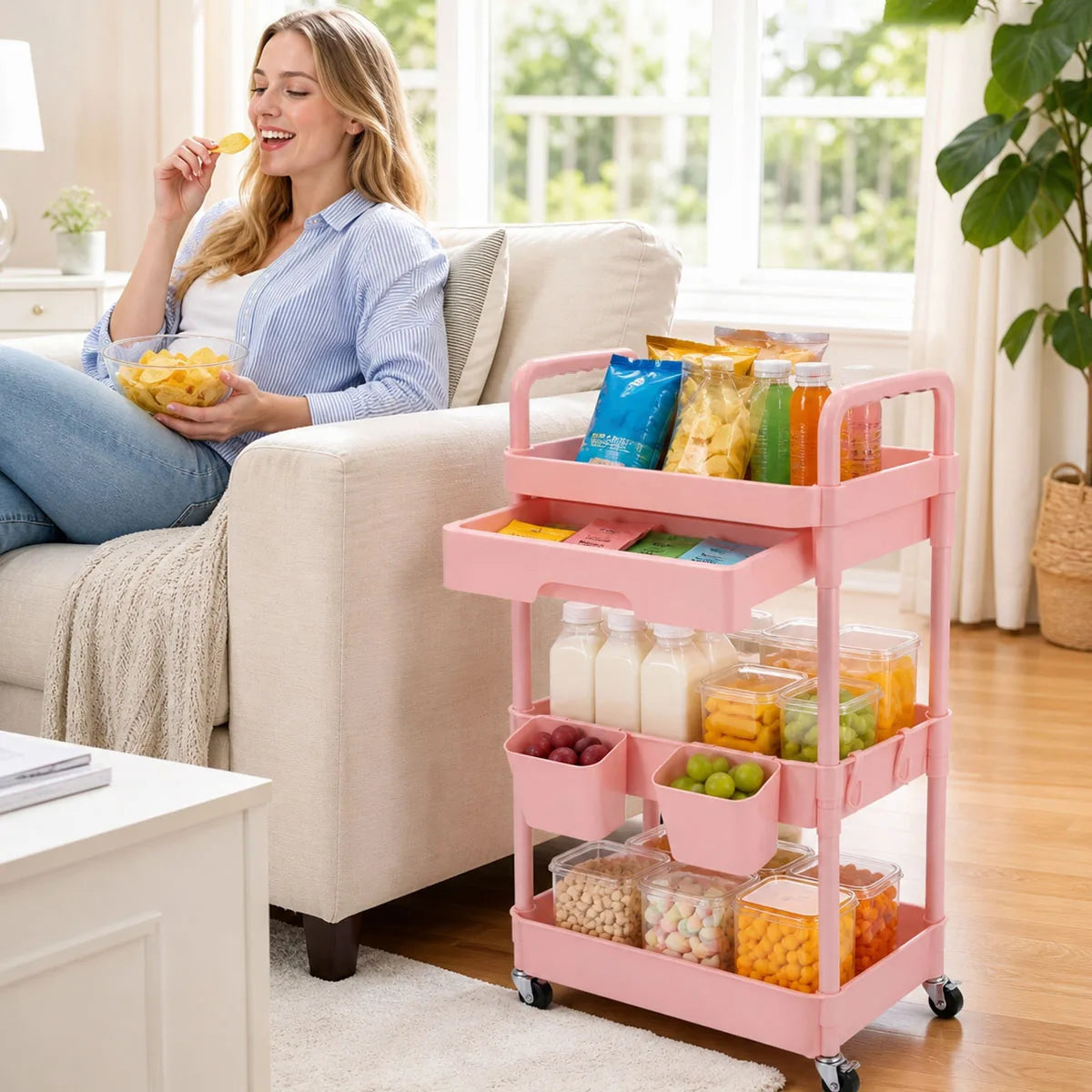3-Tier Rolling Storage Cart with Pull-out Drawer, Lockable Wheels, Hanging Cups, Multifunctional Mobile Organizer Trolley for Kitchen Bathroom Living Room