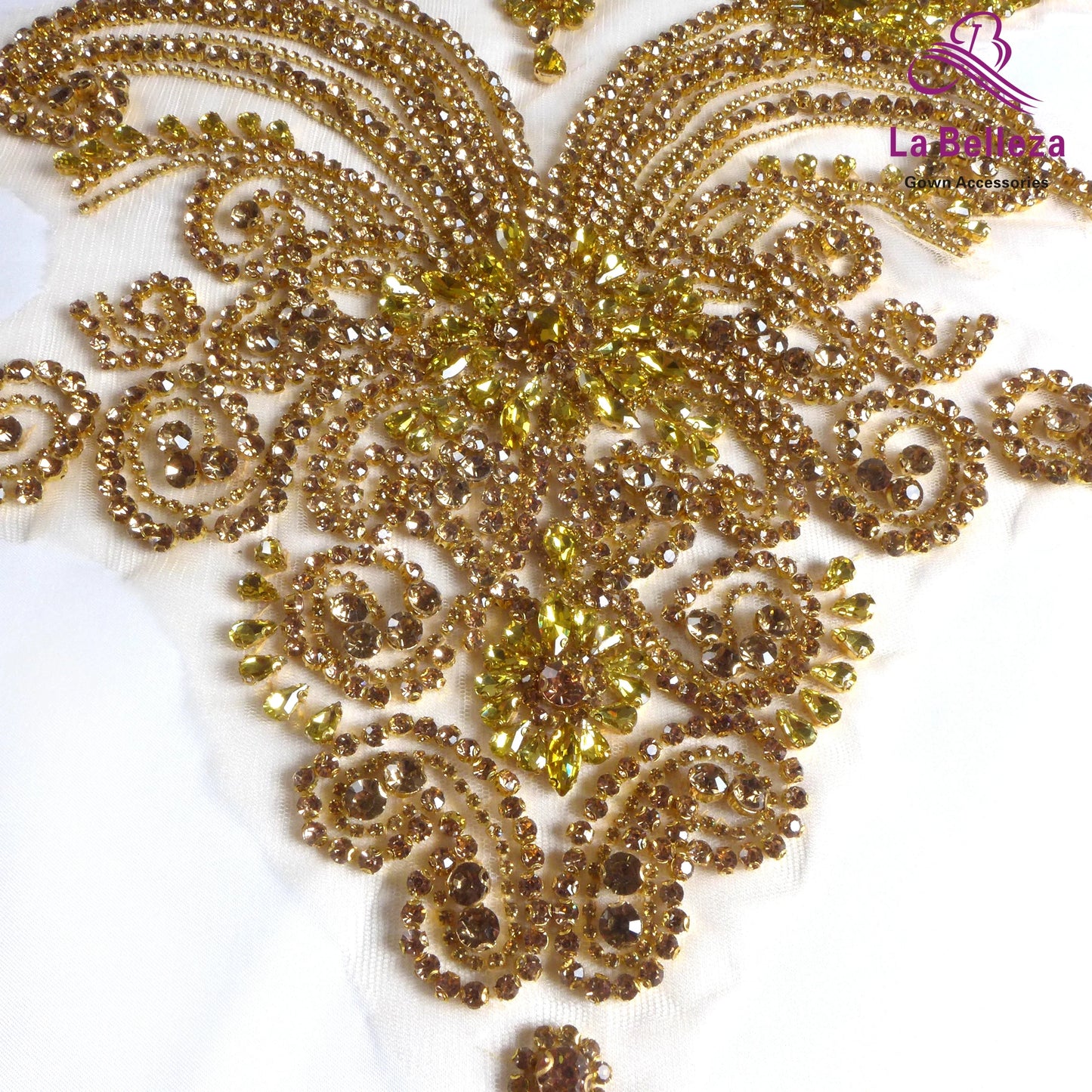La Belleza beauty hand sewn on neck bodice applique, gold silver crystal rhinestone applique