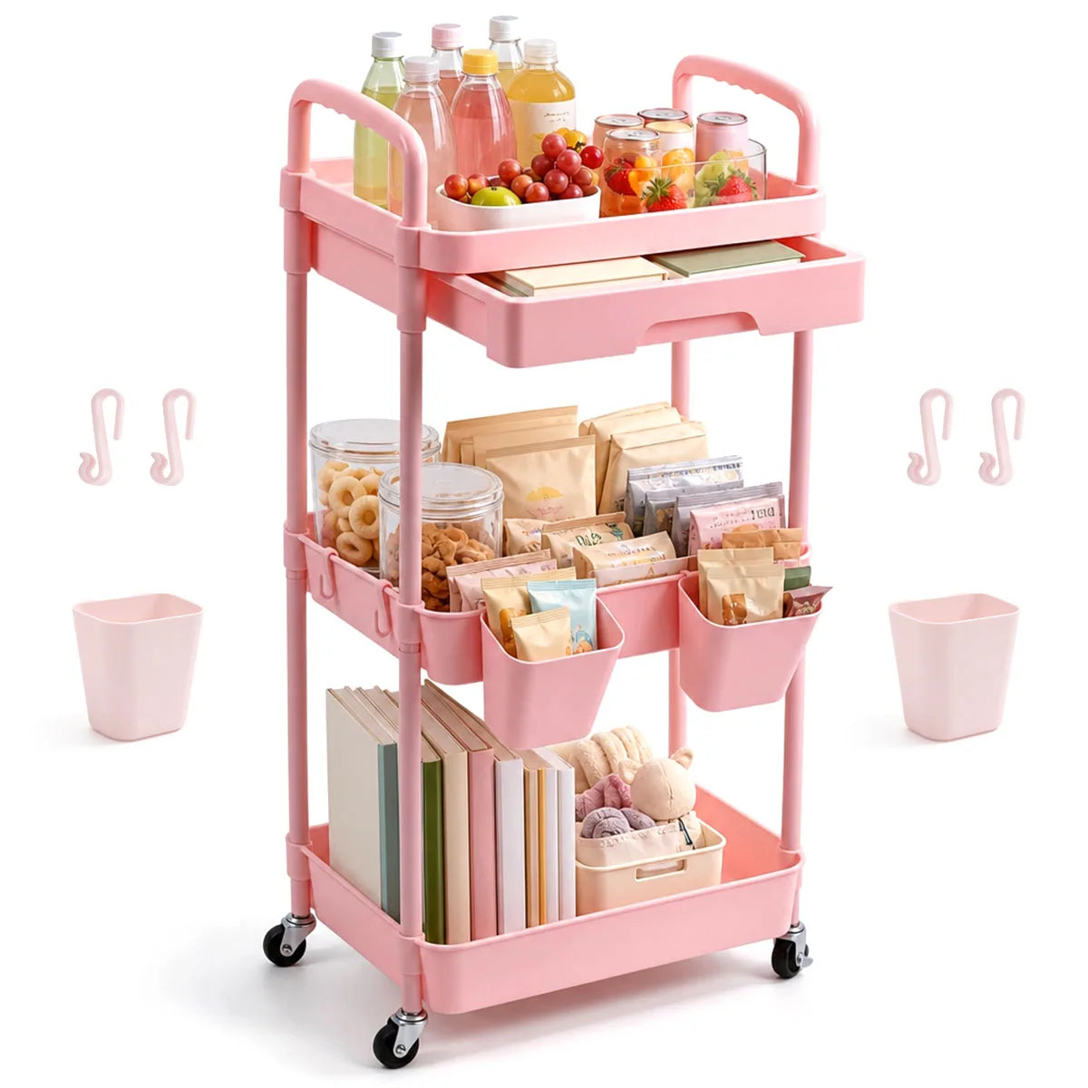 3-Tier Rolling Storage Cart with Pull-out Drawer, Lockable Wheels, Hanging Cups, Multifunctional Mobile Organizer Trolley for Kitchen Bathroom Living Room