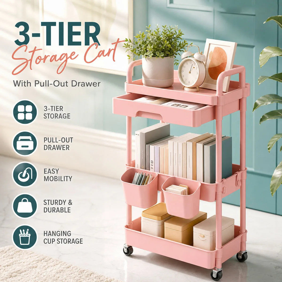 3-Tier Rolling Storage Cart with Pull-out Drawer, Lockable Wheels, Hanging Cups, Multifunctional Mobile Organizer Trolley for Kitchen Bathroom Living Room
