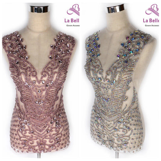 La Belleza New Pink rose gold silver AB luxury bodice crystal Rhinestone appliques 75X42CM
