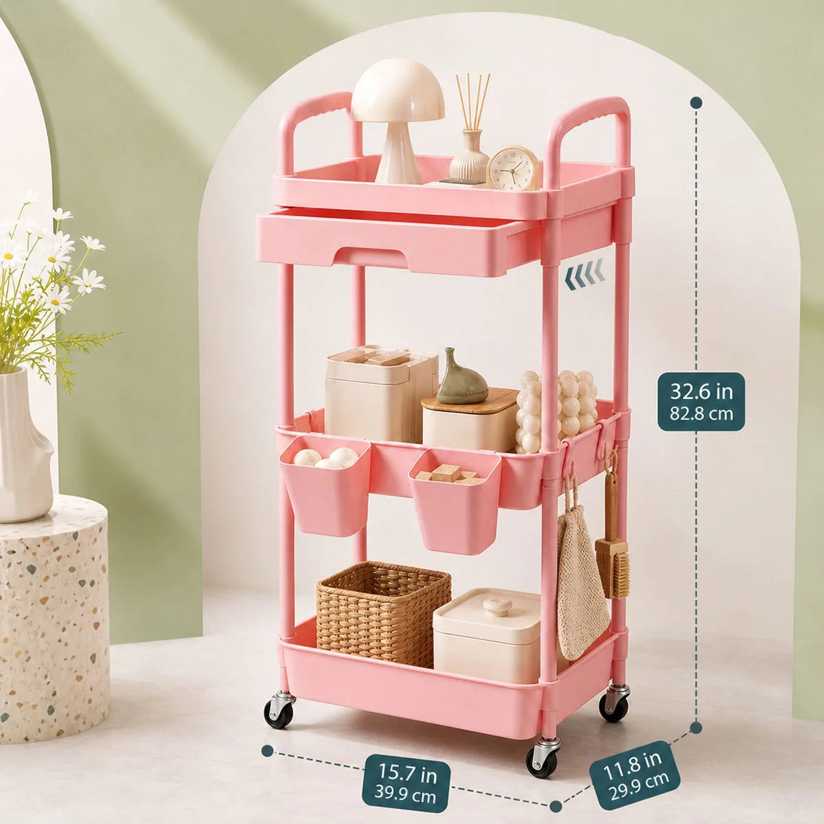 3-Tier Rolling Storage Cart with Pull-out Drawer, Lockable Wheels, Hanging Cups, Multifunctional Mobile Organizer Trolley for Kitchen Bathroom Living Room
