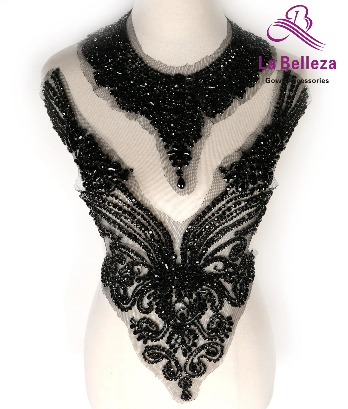 La Belleza beauty hand sewn on neck bodice applique, gold silver crystal rhinestone applique