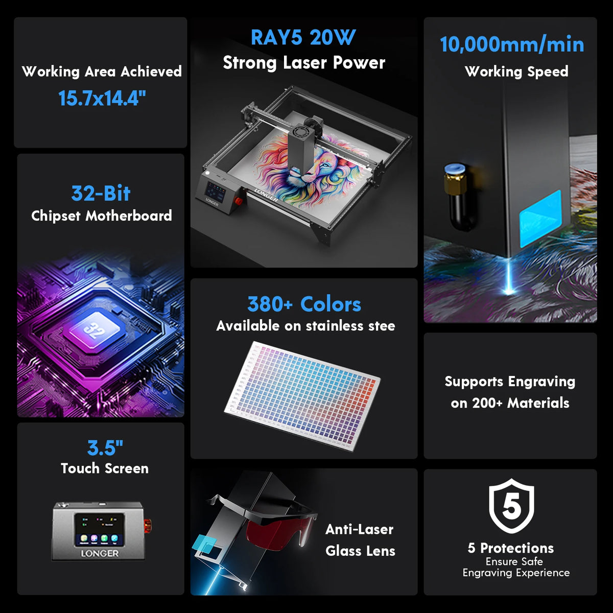 LONGER 20W Laser Engraver & Cutter 400x365mm WiFi Touchscreen Laser Engraving Machine for Wood Acrylic Leather Metal DIY Workshop LightBurn LaserGRBL Compatible