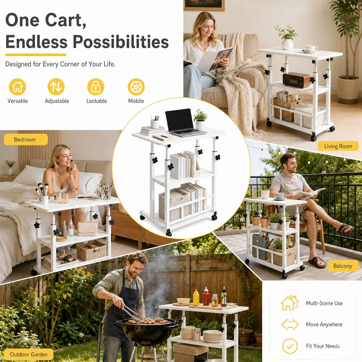 Adjustable Height Side Table with Wheels 3-Tier Storage Rolling Laptop Cart Sofa Bedside Mobile End Table for Home Office