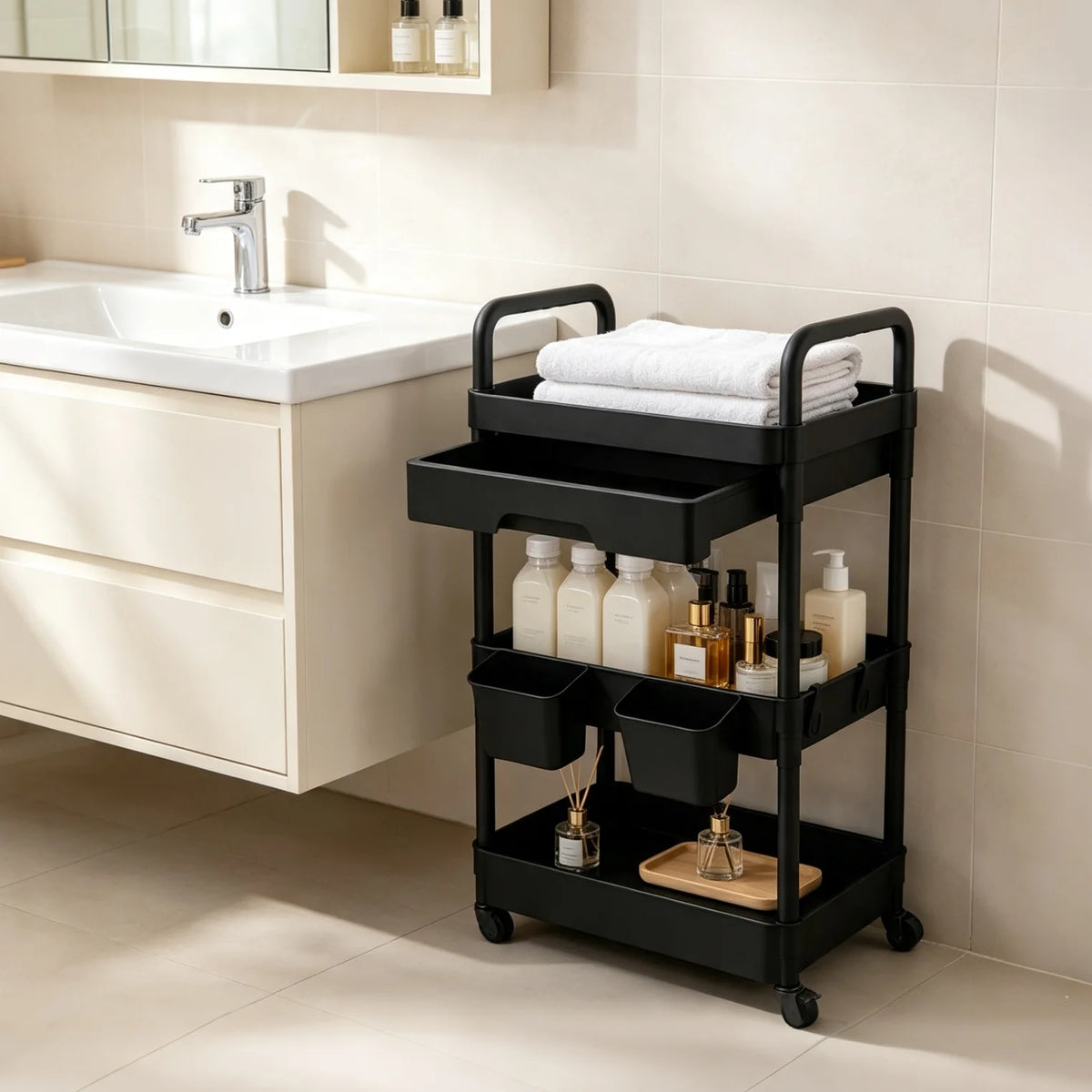 3-Tier Rolling Storage Cart With Pull-out Drawer Lockable Wheels Detachable Hanging Cups Multifunctional Mobile Organizer Trolley for Kitchen Bathroom Living Room