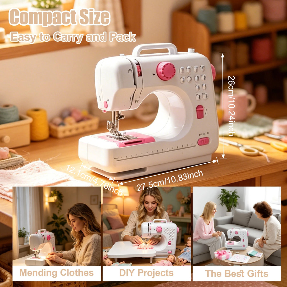 Portable Mini Electric Sewing Machine for Household Use, 47 PCS Complete Sewing Tool Kit with Widened Extension Table, 12 Built-in Stitch Patterns, Foot Pedal Control & Built-in LED Light,