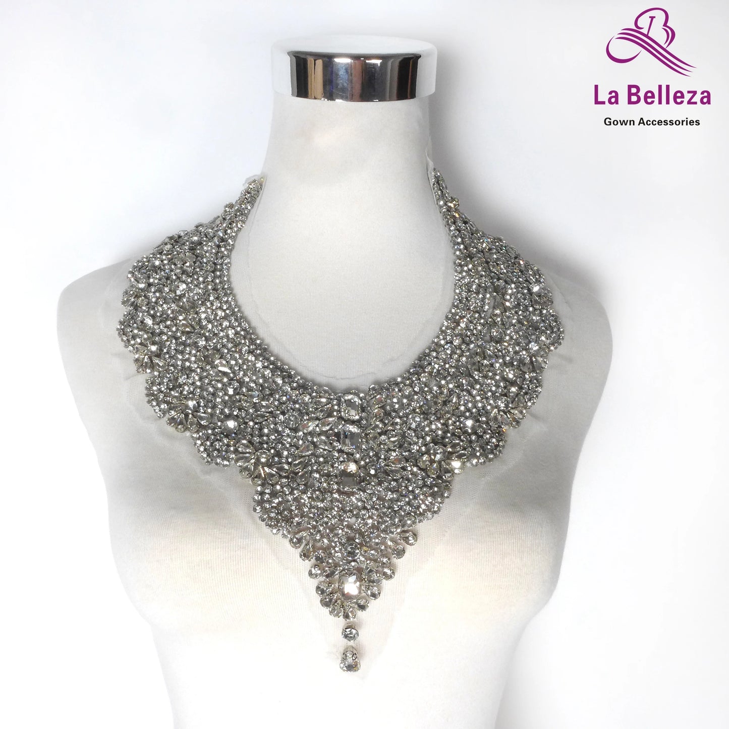 La Belleza beauty hand sewn on neck bodice applique, gold silver crystal rhinestone applique
