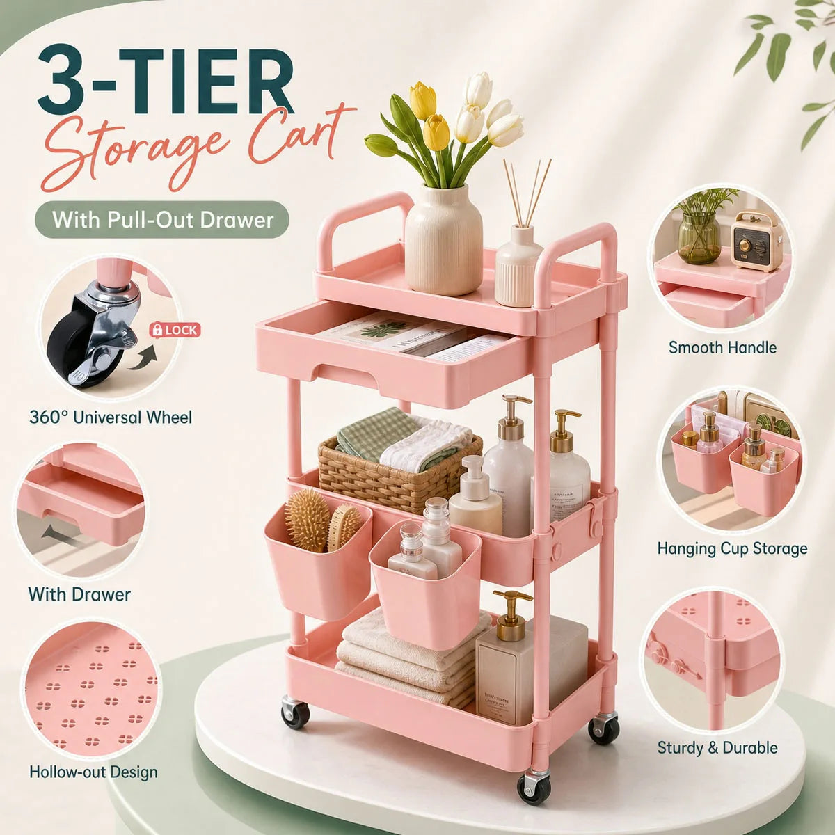 3-Tier Rolling Storage Cart with Pull-out Drawer, Lockable Wheels, Hanging Cups, Multifunctional Mobile Organizer Trolley for Kitchen Bathroom Living Room