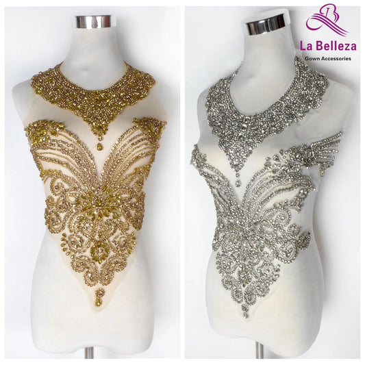 La Belleza beauty hand sewn on neck bodice applique, gold silver crystal rhinestone applique
