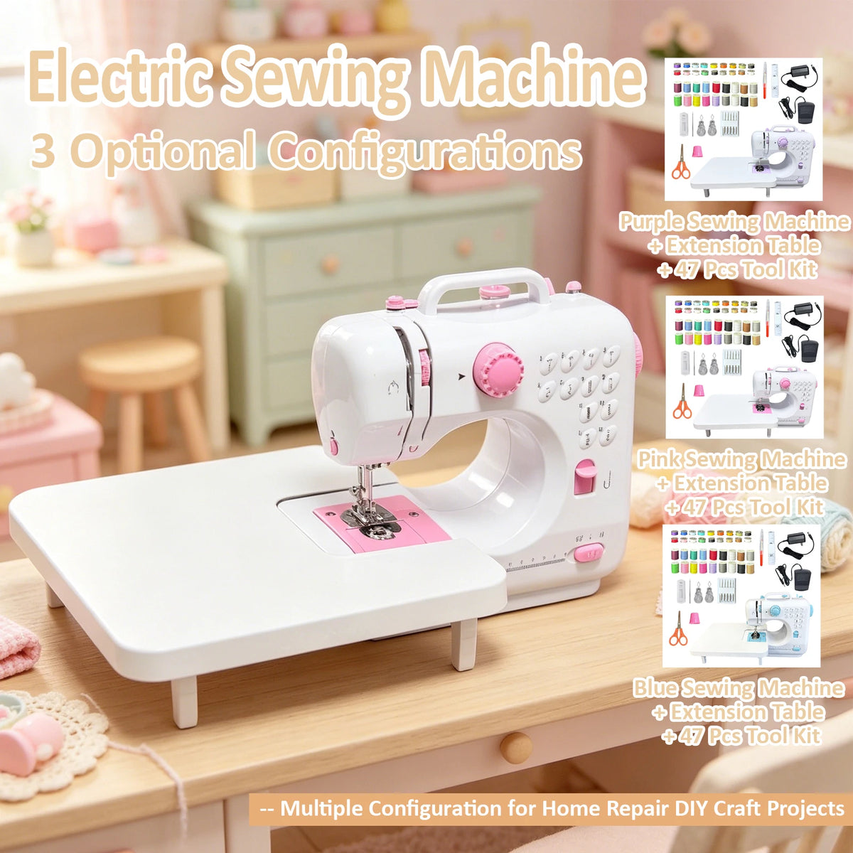 Portable Mini Electric Sewing Machine for Household Use, 47 PCS Complete Sewing Tool Kit with Widened Extension Table, 12 Built-in Stitch Patterns, Foot Pedal Control & Built-in LED Light,