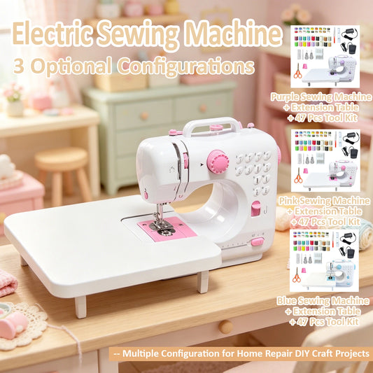 Portable Mini Electric Sewing Machine for Household Use, 47 PCS Complete Sewing Tool Kit with Widened Extension Table, 12 Built-in Stitch Patterns, Foot Pedal Control & Built-in LED Light,