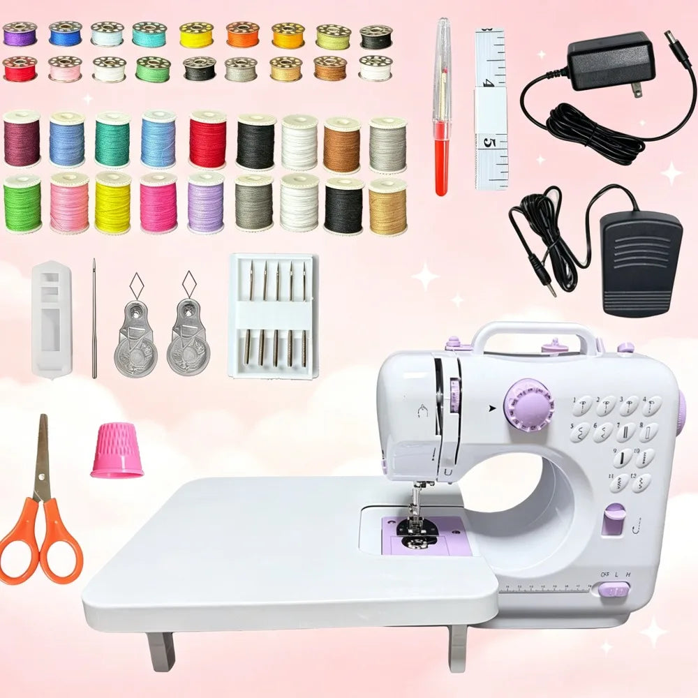 Portable Mini Electric Sewing Machine for Household Use, 47 PCS Complete Sewing Tool Kit with Widened Extension Table, 12 Built-in Stitch Patterns, Foot Pedal Control & Built-in LED Light,