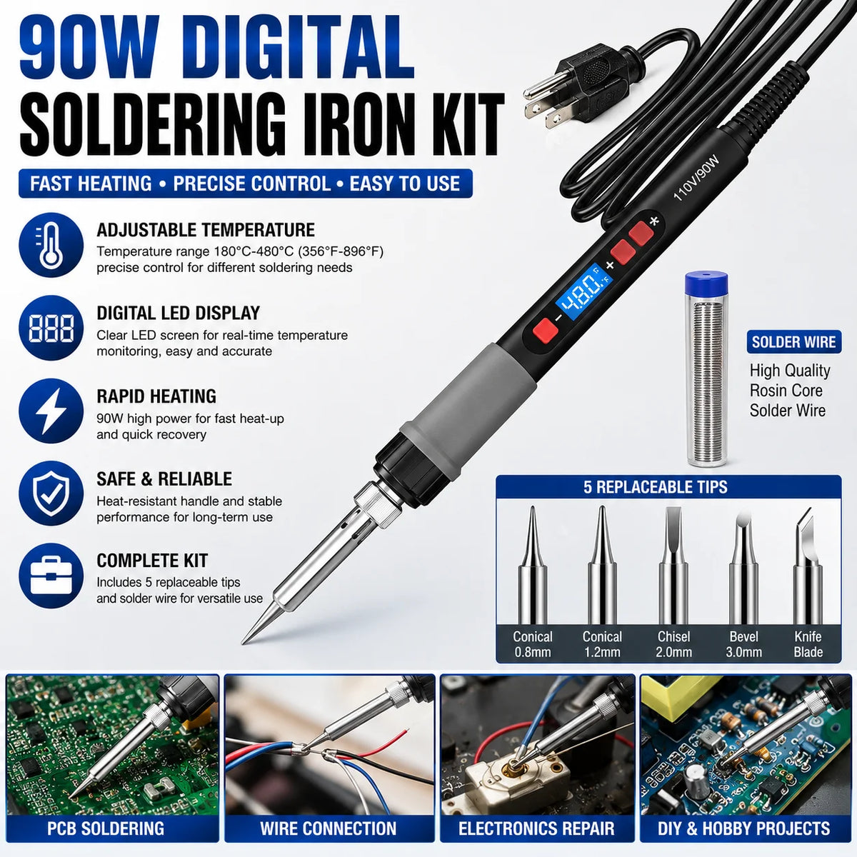 90W Digital Soldering Iron Kit with LCD Display, Adjustable Temperature Electric Soldering Iron, Fast Heating Welding Tool with 5 Replaceable Tips & Solder Wire for Electronics Repair, DIY & Circuit Board Work