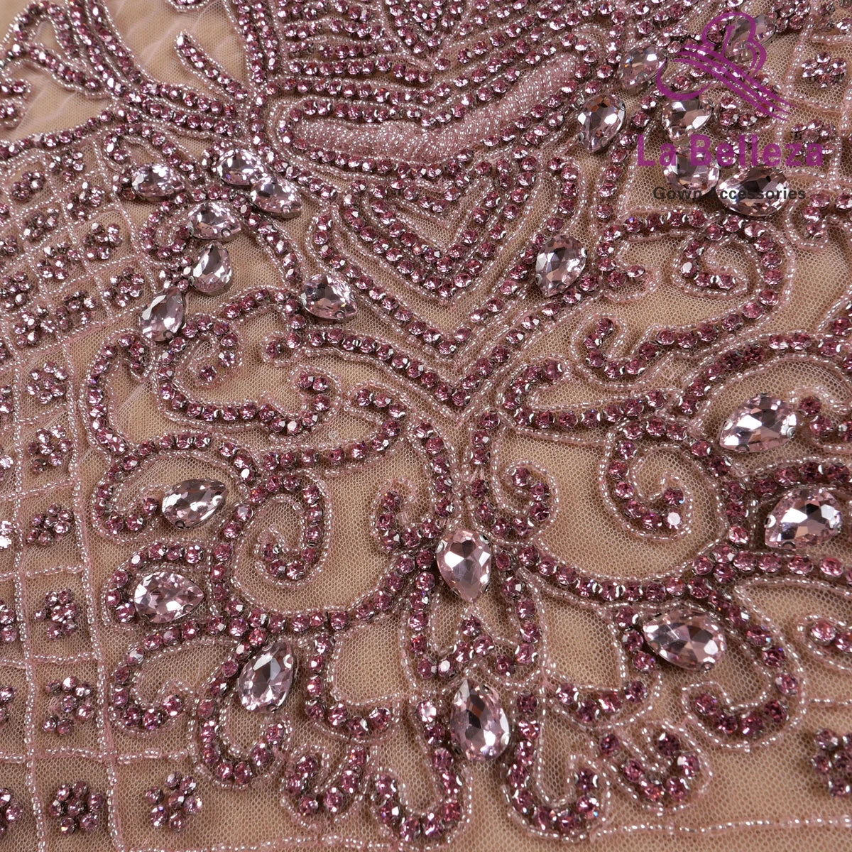 La Belleza New Pink rose gold silver AB luxury bodice crystal Rhinestone appliques 75X42CM