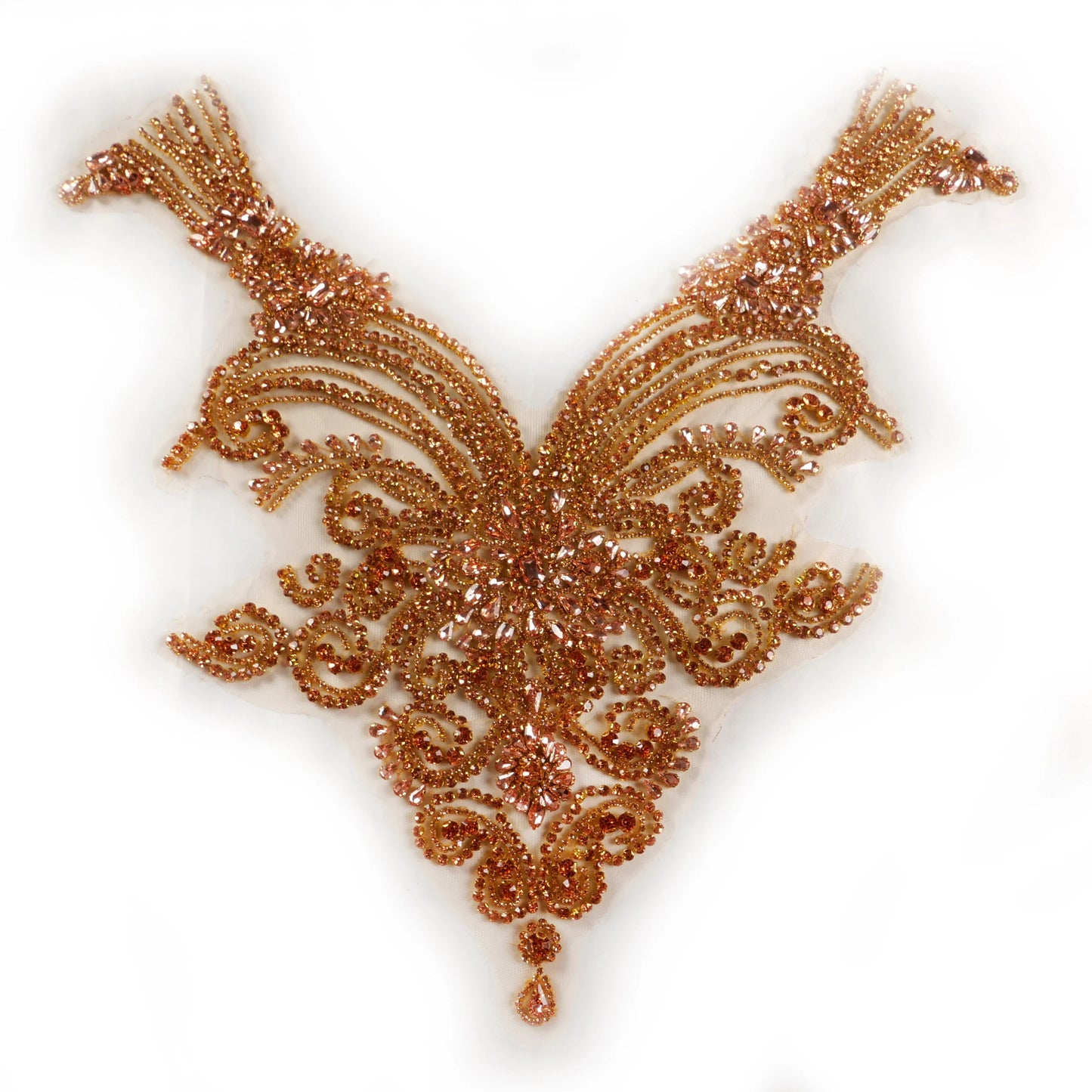La Belleza beauty hand sewn on neck bodice applique, gold silver crystal rhinestone applique