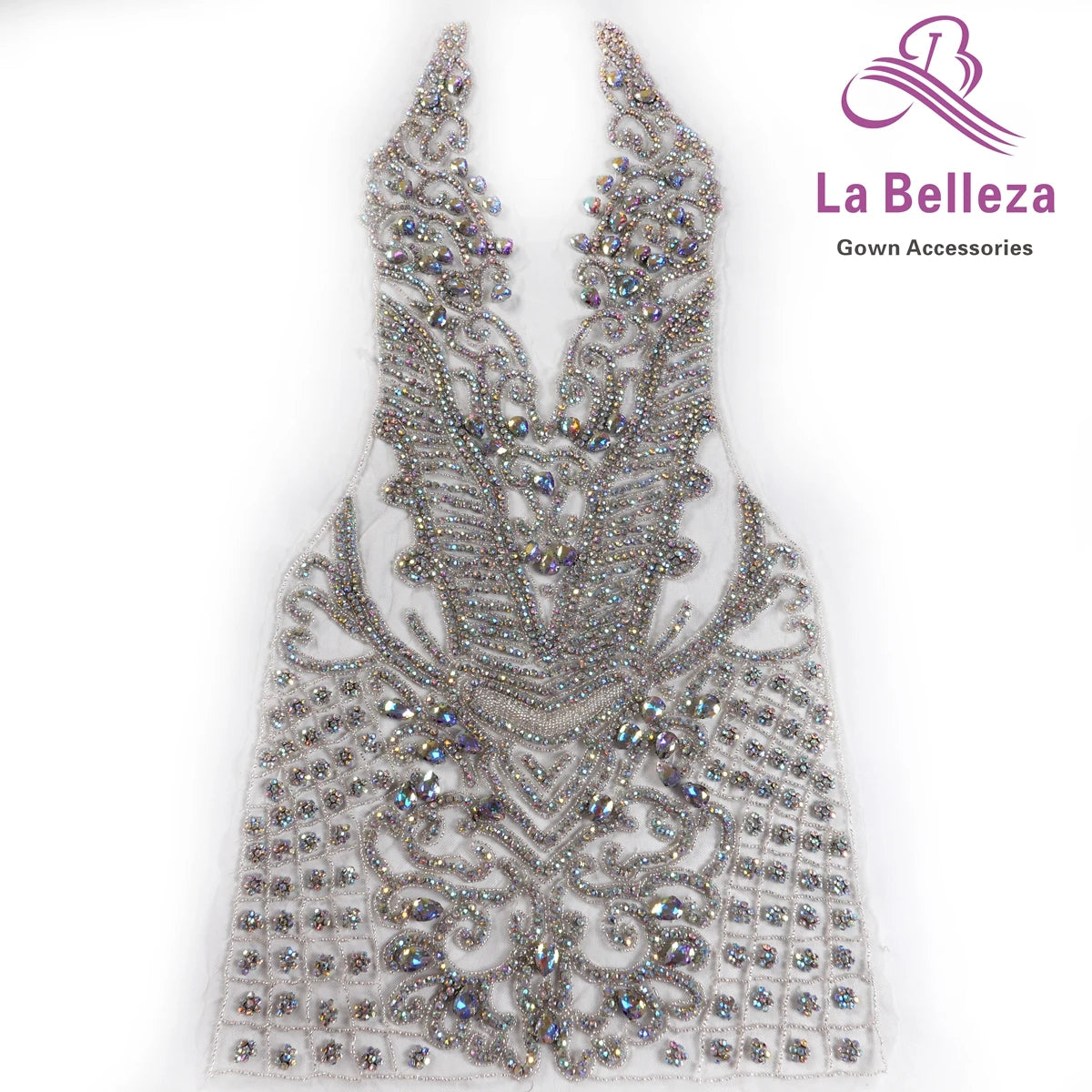 La Belleza New Pink rose gold silver AB luxury bodice crystal Rhinestone appliques 75X42CM