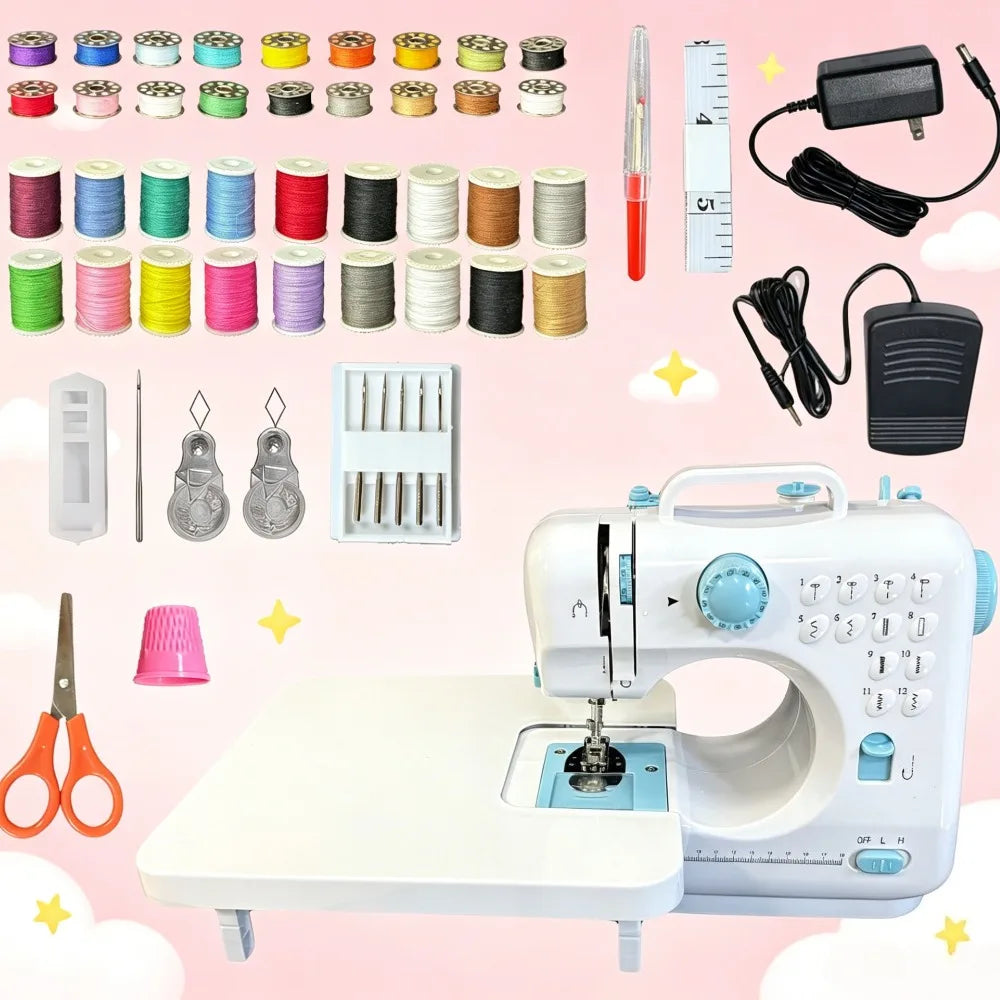 Portable Mini Electric Sewing Machine for Household Use, 47 PCS Complete Sewing Tool Kit with Widened Extension Table, 12 Built-in Stitch Patterns, Foot Pedal Control & Built-in LED Light,
