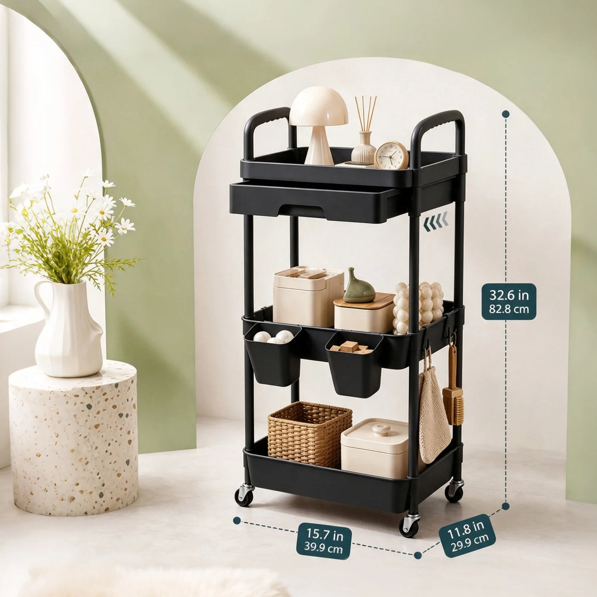 3-Tier Rolling Storage Cart With Pull-out Drawer Lockable Wheels Detachable Hanging Cups Multifunctional Mobile Organizer Trolley for Kitchen Bathroom Living Room
