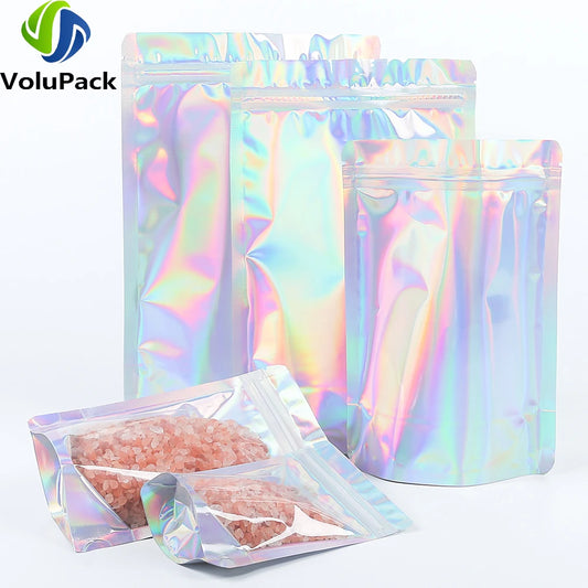 100 PCS Plastic Package Ziplock Bags Clear Front Holographic Silver  Pouches Recyclable Metallic Mylar Storage Bags