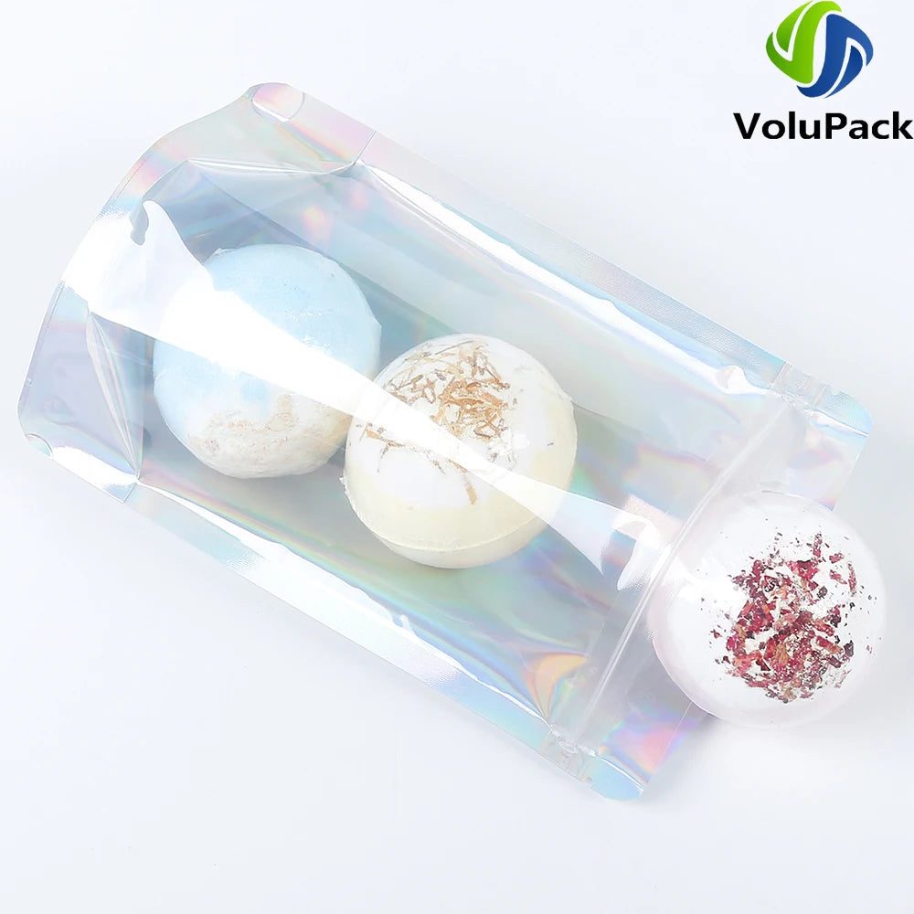 100 PCS Plastic Package Ziplock Bags Clear Front Holographic Silver  Pouches Recyclable Metallic Mylar Storage Bags