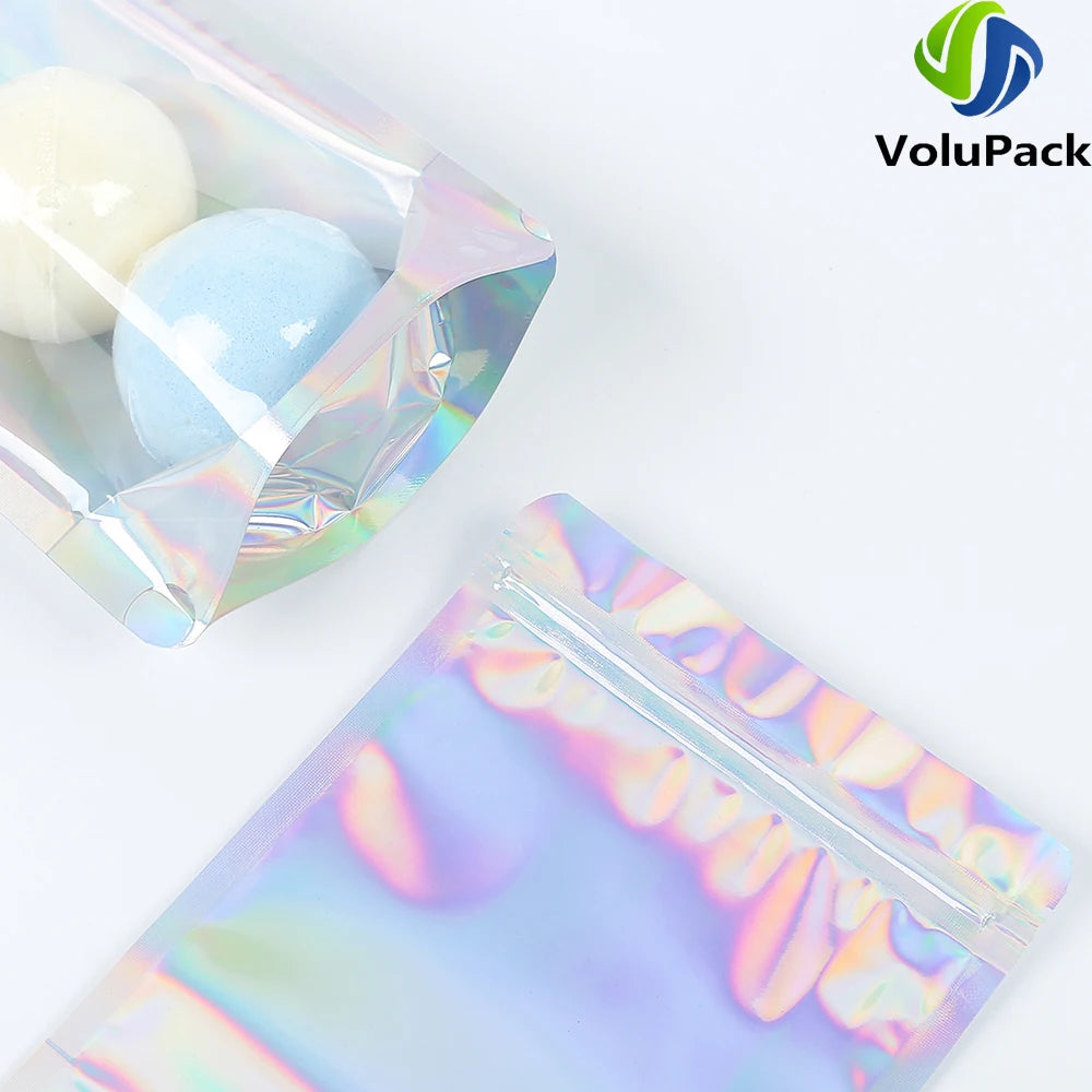 100 PCS Plastic Package Ziplock Bags Clear Front Holographic Silver  Pouches Recyclable Metallic Mylar Storage Bags
