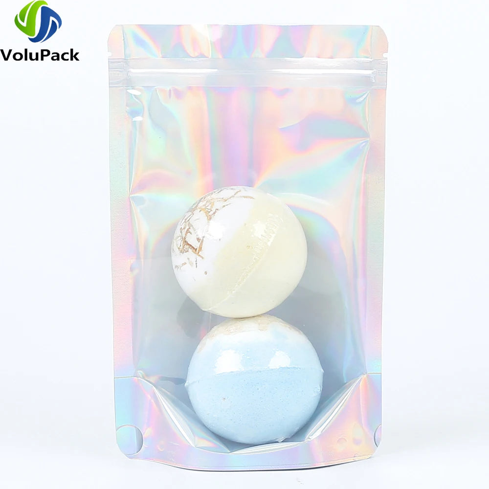 100 PCS Plastic Package Ziplock Bags Clear Front Holographic Silver  Pouches Recyclable Metallic Mylar Storage Bags