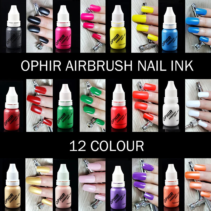 OPHIR 12 Colors Airbrush Nail Art Inks Airbrush Nail Pigments for Nail Stencils Painting 10ML/Bottle Nail Tools _TA098(1-12)