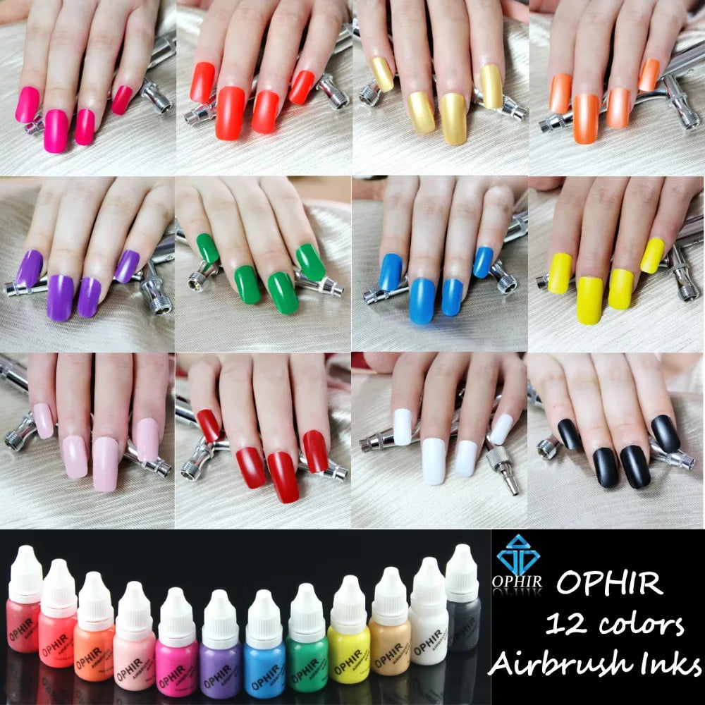 OPHIR 12 Colors Airbrush Nail Art Inks Airbrush Nail Pigments for Nail Stencils Painting 10ML/Bottle Nail Tools _TA098(1-12)